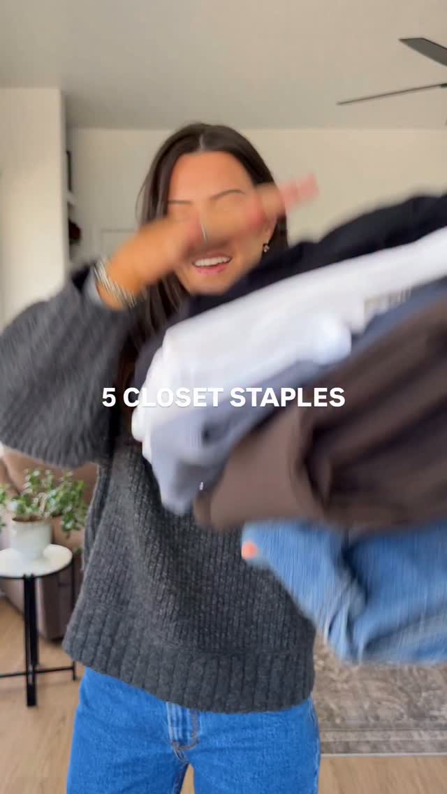 my top 5 closet staples for fall! 🫶🏼 I wear these versatile basics a TON in the cooler months and they make great base layers under jackets and sweaters! Comment “YES” and I’ll send you links to everything! 💕 #closetstaples #falloutfits #closetbasics